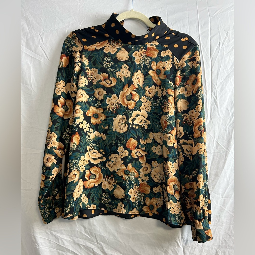 Zara black floral polka dot mock neck blouse